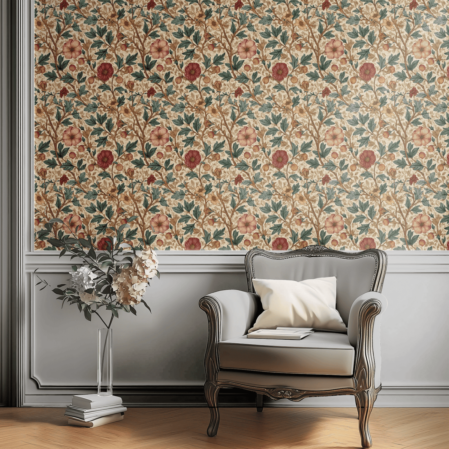 Cream Floral Wallpaper installed in a room interior with Arts and Crafts botanical pomegranate and clover florals in cream