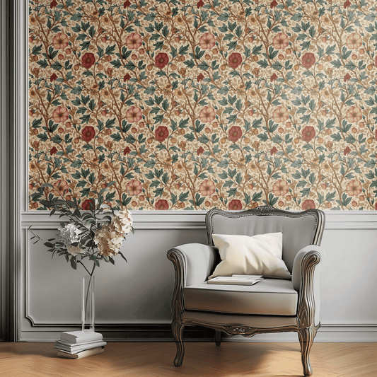 Cream Floral Wallpaper installed in a room interior with Arts and Crafts botanical pomegranate and clover florals in cream