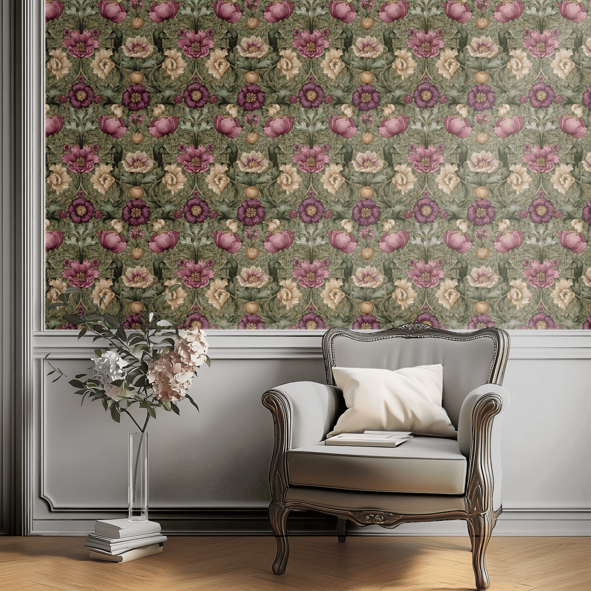 Green Floral Wallpaper shown in a second room with the rosy tulips reading as gently traditional spring-floral decoration