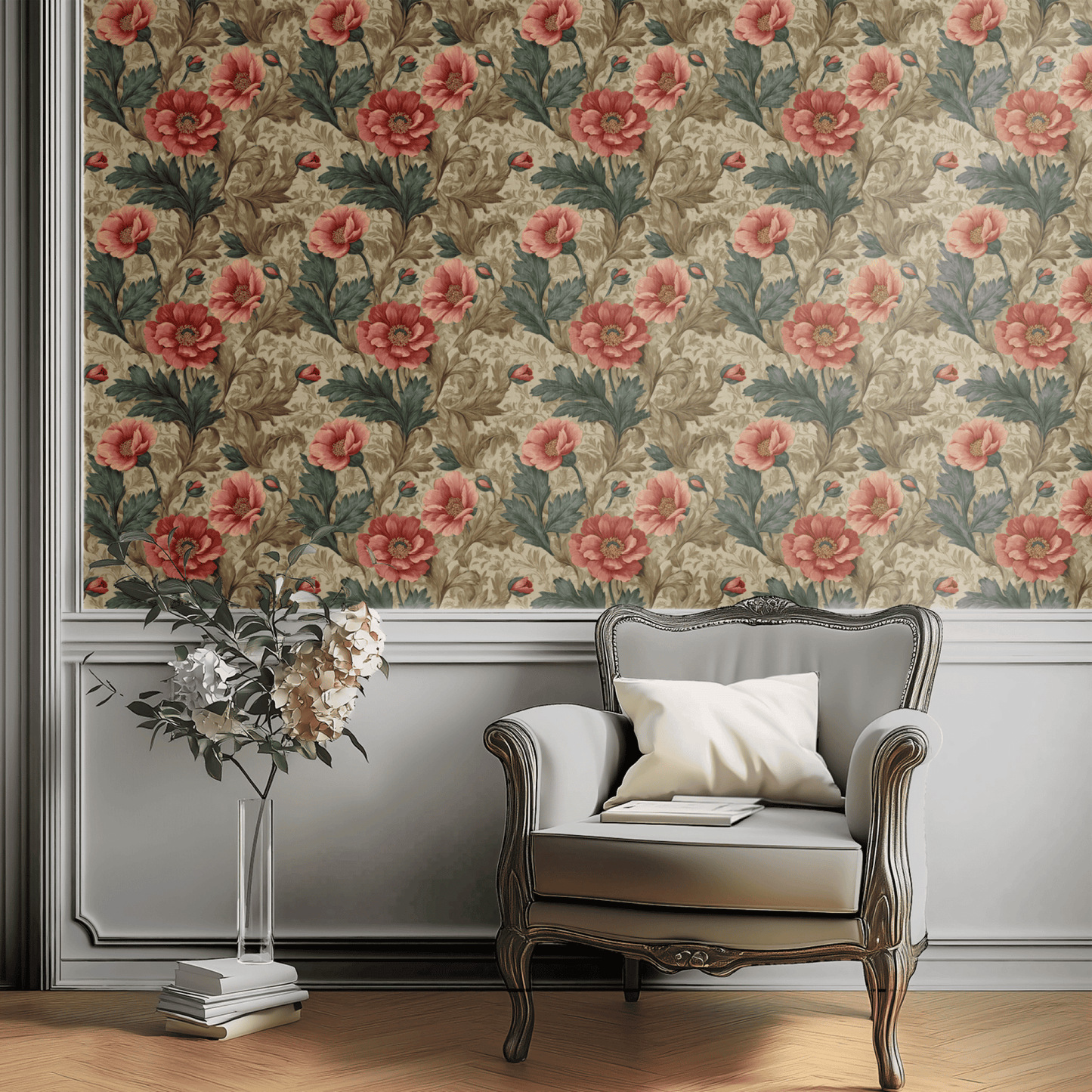 Neutral Floral Wallpaper shown in a second room with the terracotta foliage reading as warmly earthy traditional decoration