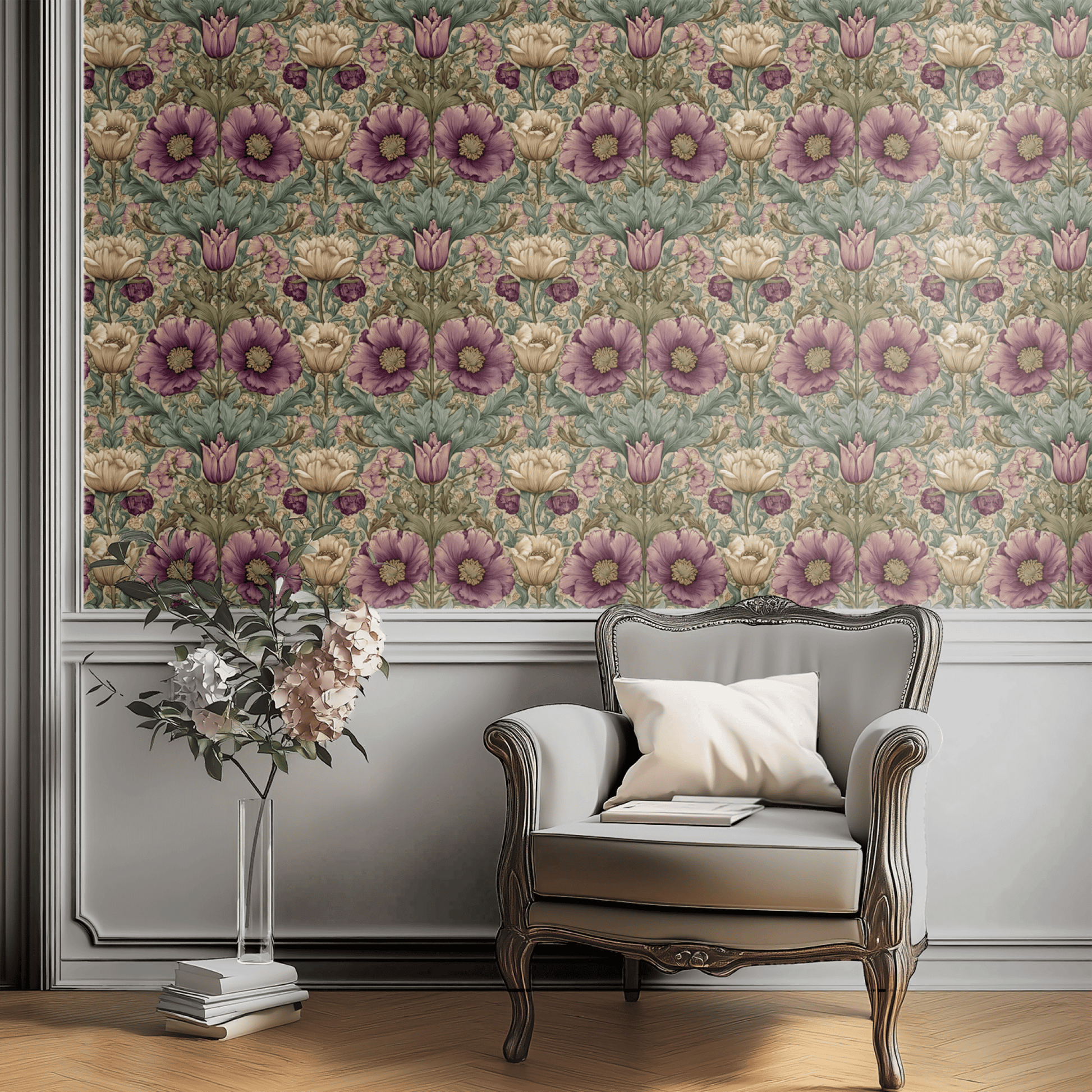 Green Floral Wallpaper shown in a second interior with the shadowy lotus reading as East-Asian-influenced moody decoration
