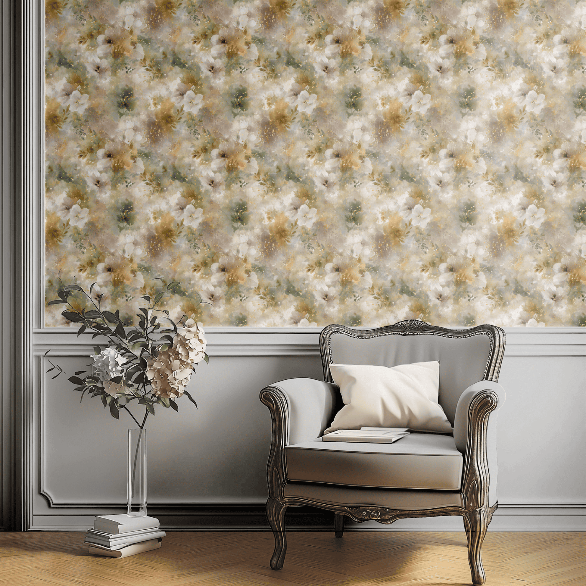 Neutral Floral Wallpaper shown in a second interior with the glimmering ivory florals reading as a quiet softly luxurious neutral