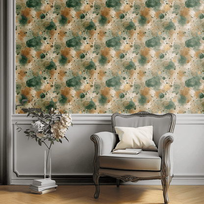 Green Abstract Wallpaper shown in a second interior with the speckled moss reading as natural earthy decoration