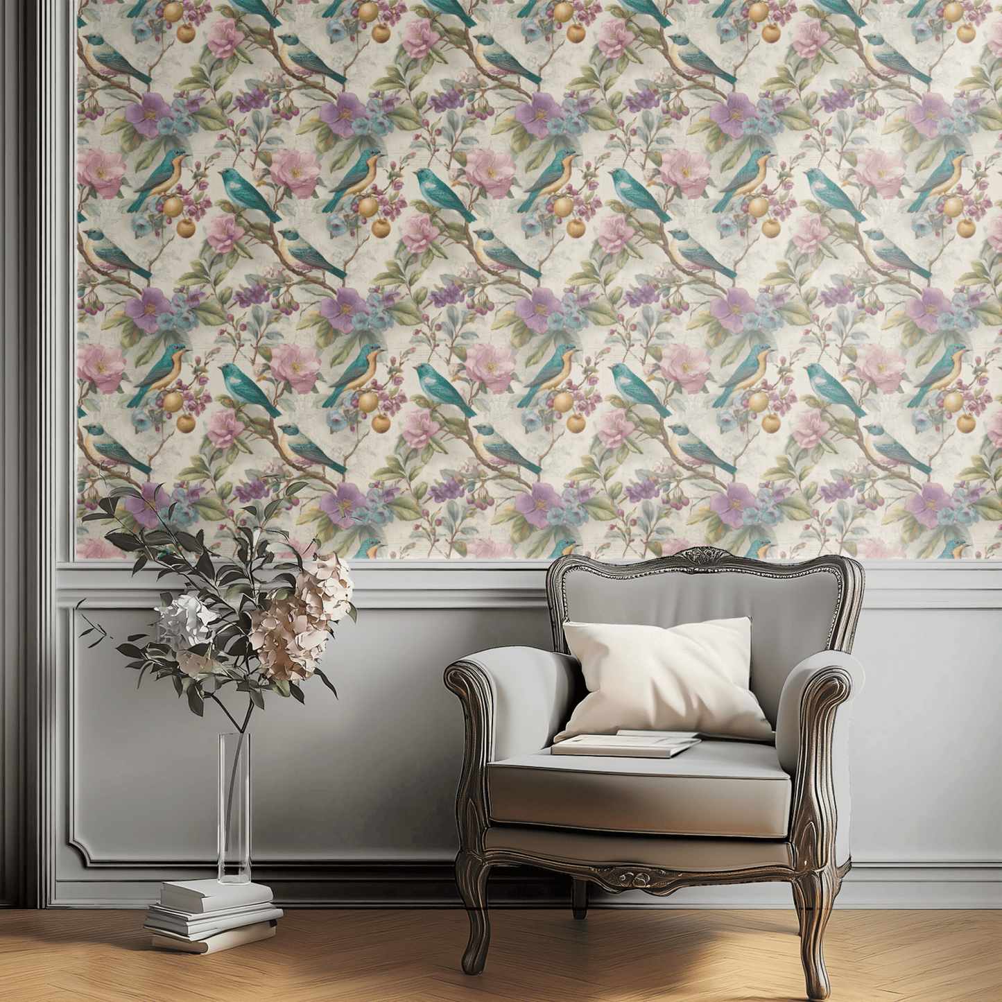 Cream Floral Wallpaper installed in a room interior with cottagecore apple branches and small birds in cream and gentle blue tones