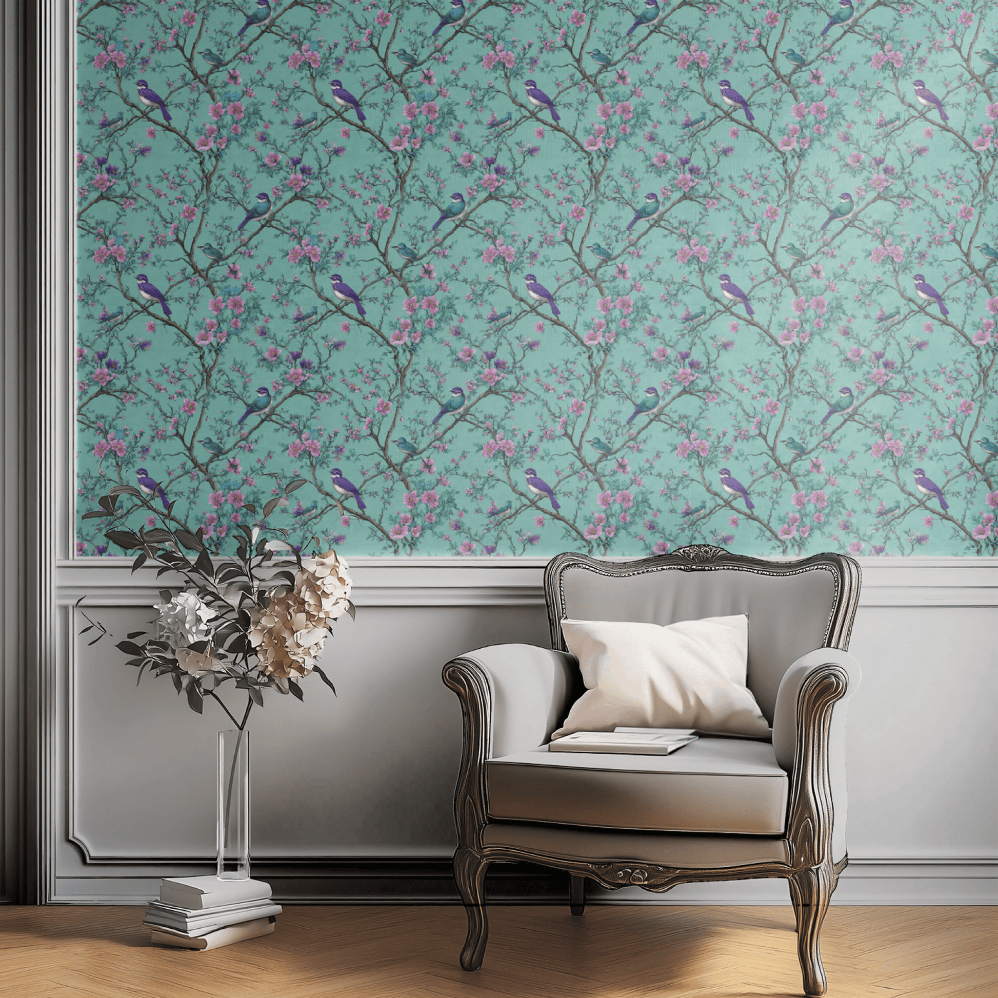 Green Floral Wallpaper shown in a second interior with the violet warblers reading as gently feminine cottage decoration