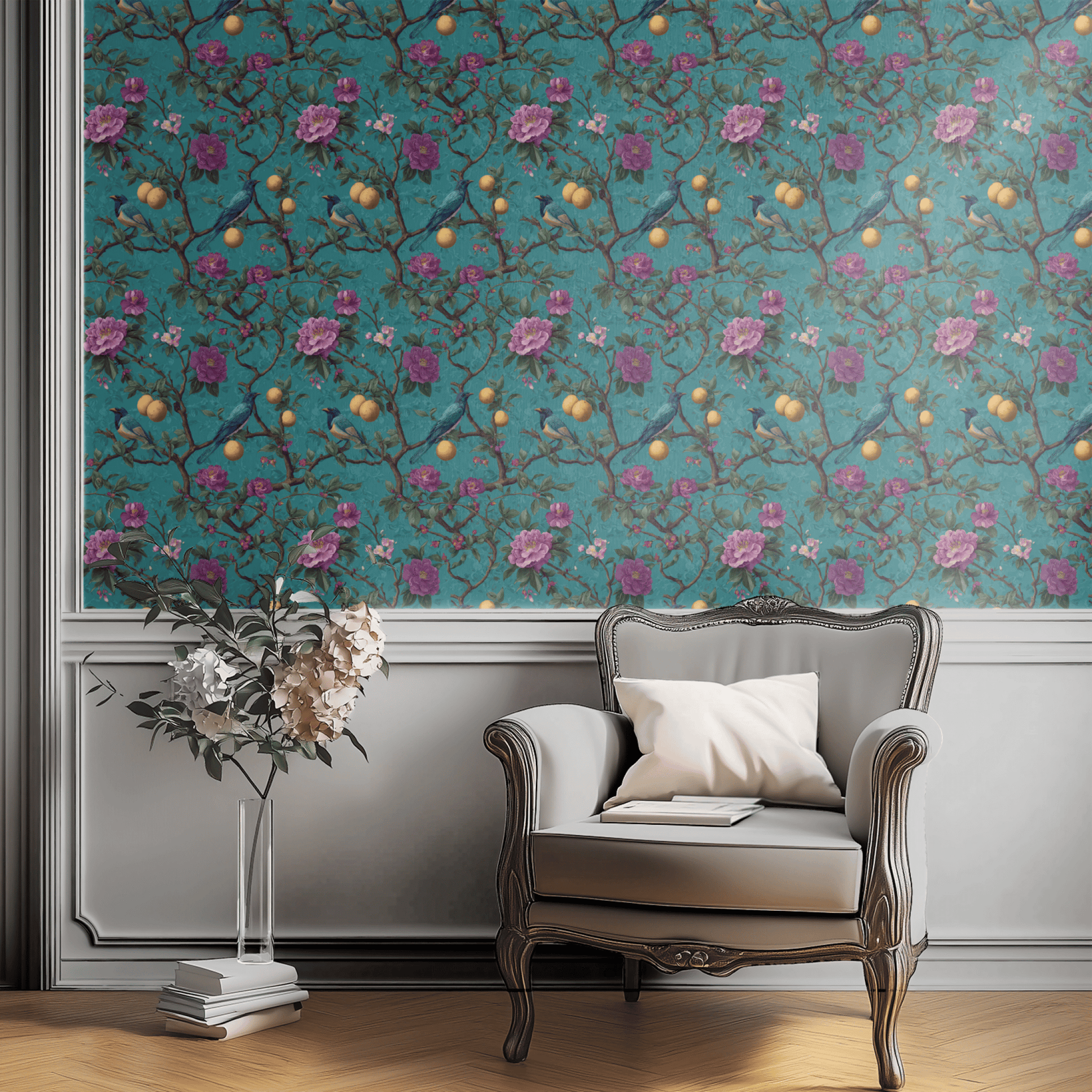 Green Floral Wallpaper shown in a second room with the birds and fruit reading as decoratively rich country-orchard pattern
