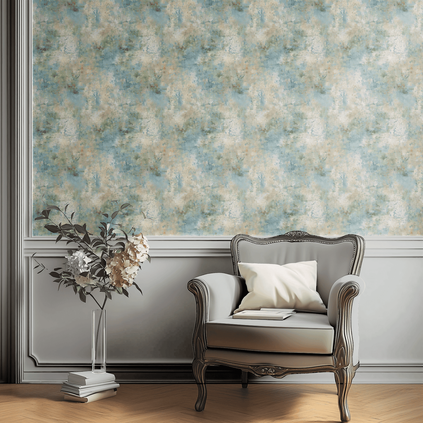 Green Abstract Wallpaper shown in a second room with the patina reading as a quiet transitional background between traditional and modern decor