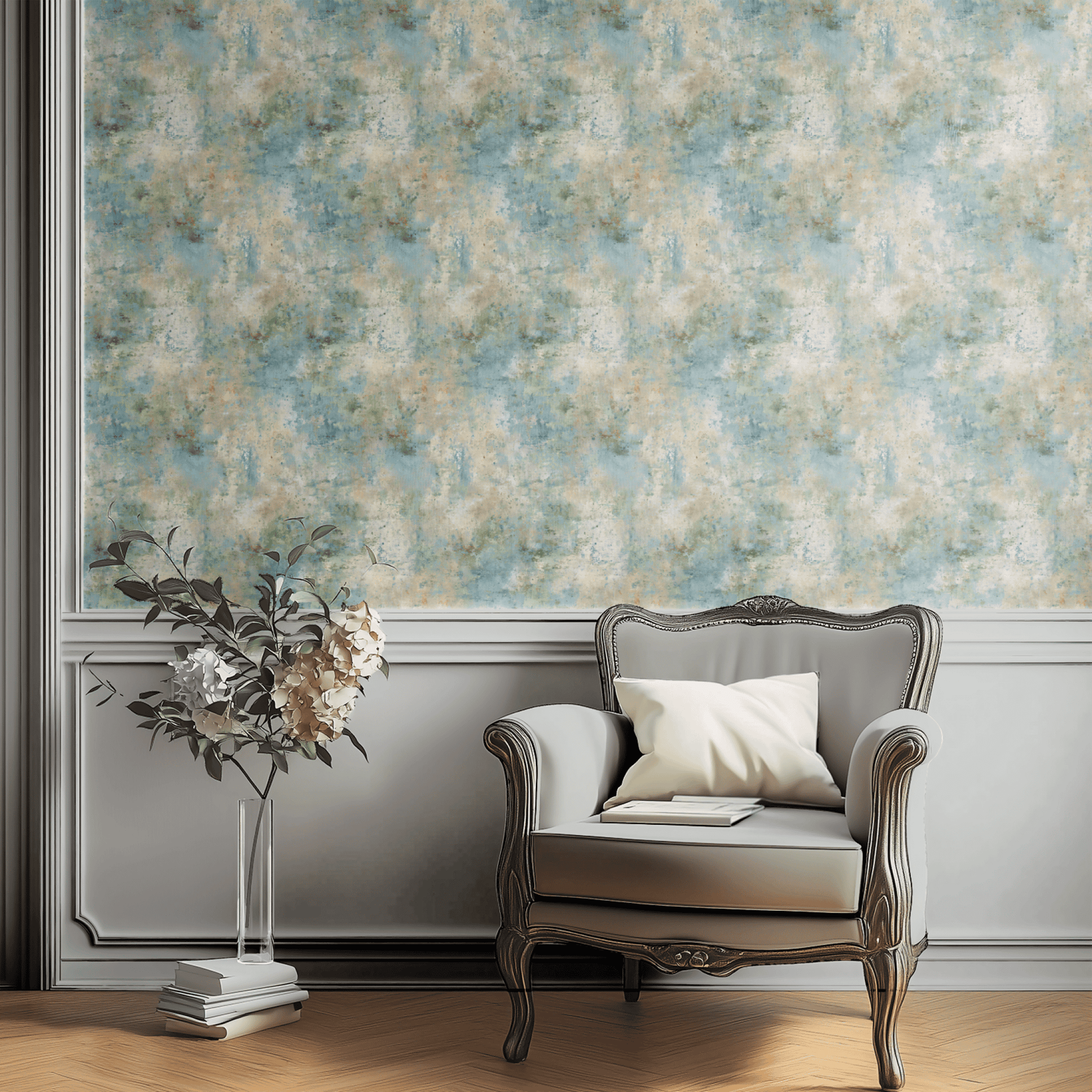 Green Abstract Wallpaper shown in a second room with the patina reading as a quiet transitional background between traditional and modern decor