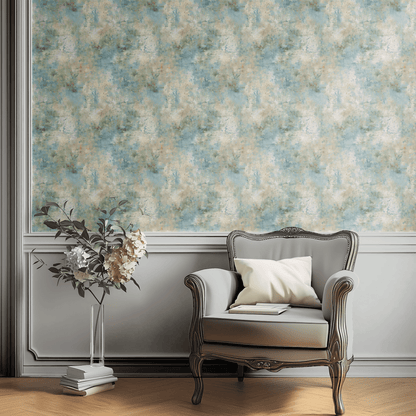 Green Abstract Wallpaper shown in a second room with the patina reading as a quiet transitional background between traditional and modern decor