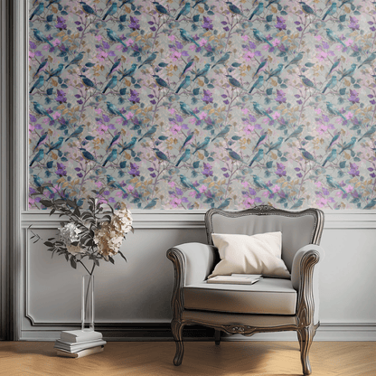 Green Bird Pattern Wallpaper shown in a second room with the tapestry-style botanical reading as warmly traditional decoration
