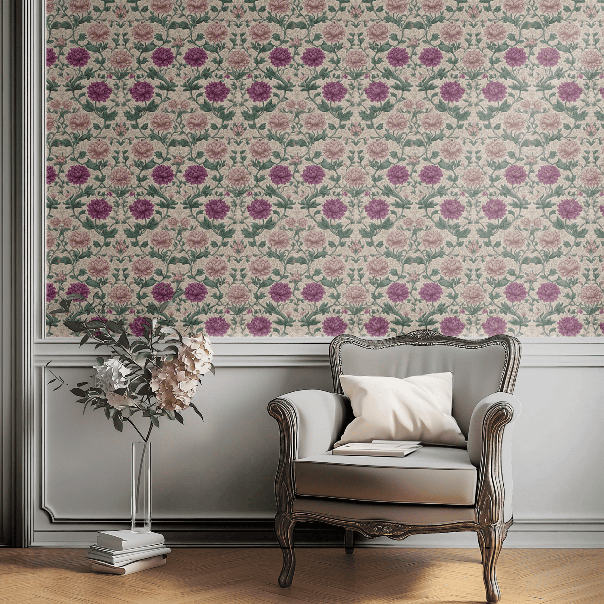 Neutral Floral Wallpaper shown in a second interior with the pompon florals working against neutral upholstery and warm wood furniture