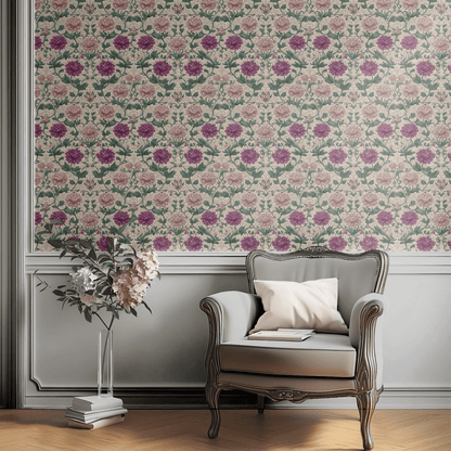 Neutral Floral Wallpaper shown in a second interior with the pompon florals working against neutral upholstery and warm wood furniture
