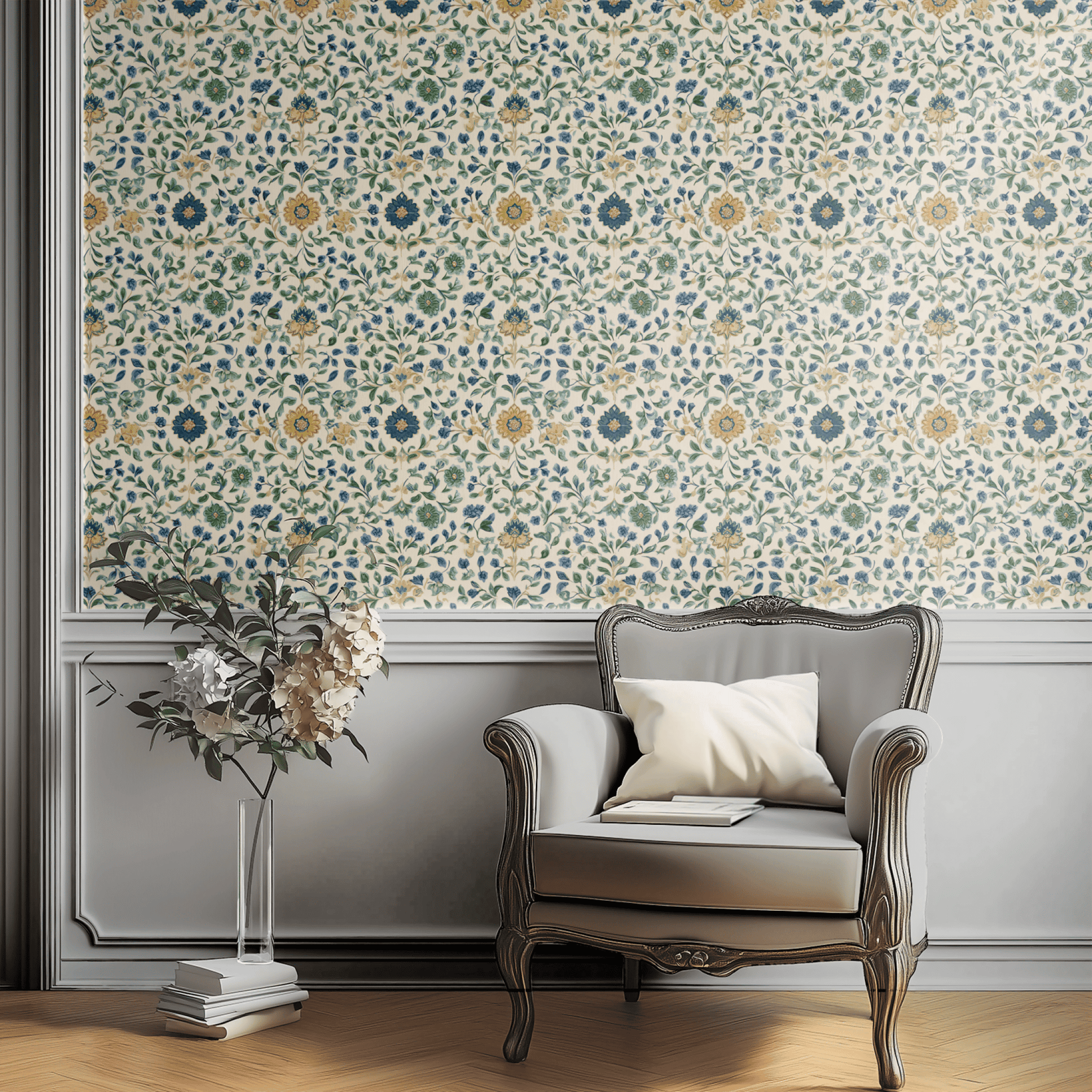 Cream Floral Wallpaper shown in a second room with the majolica branches reading as Italianate-influenced traditional decoration