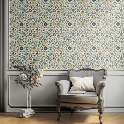 Cream Floral Wallpaper shown in a second room with the majolica branches reading as Italianate-influenced traditional decoration
