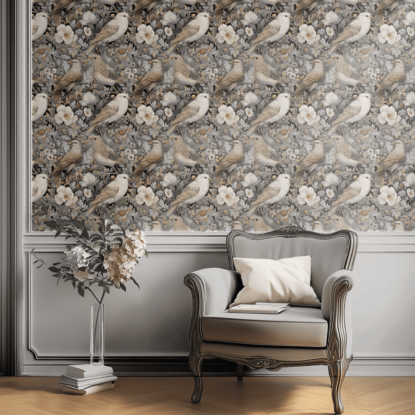 Grey Floral Wallpaper shown in a second interior with the finches reading as quietly traditional country-pastoral decoration