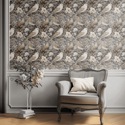 Grey Floral Wallpaper shown in a second interior with the finches reading as quietly traditional country-pastoral decoration