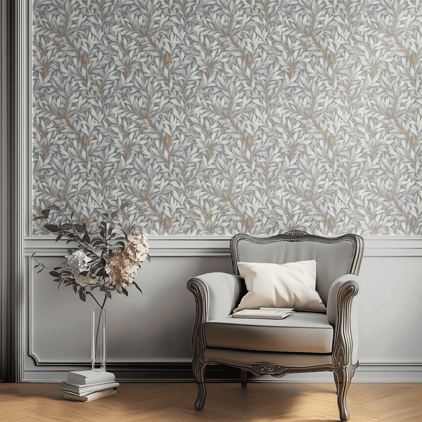 Blue Botanical Wallpaper shown in a second interior with the willow leaves reading as gently calming and the blue palette supporting bedroom rest