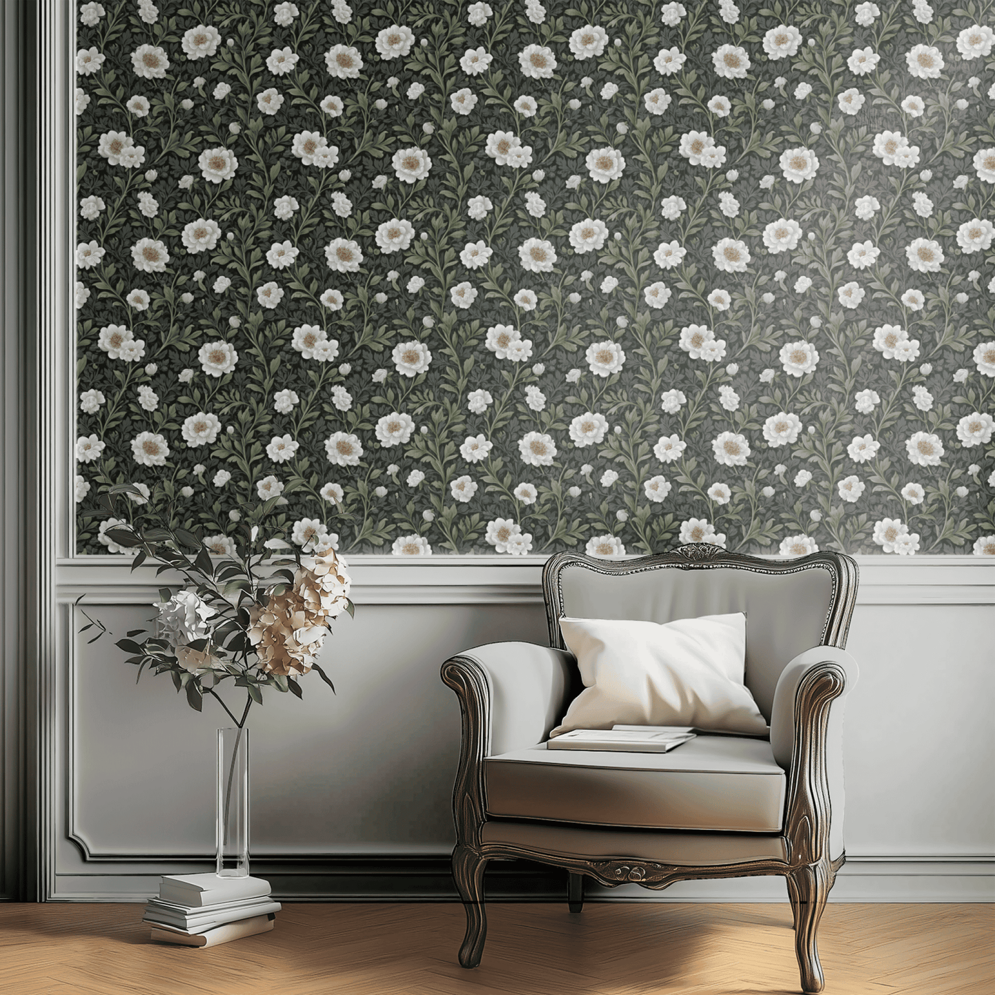 Green Floral Wallpaper installed in a room interior with Arts and Crafts dark botanical moody peonies in deep green