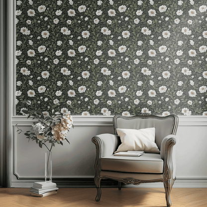 Green Floral Wallpaper installed in a room interior with Arts and Crafts dark botanical moody peonies in deep green