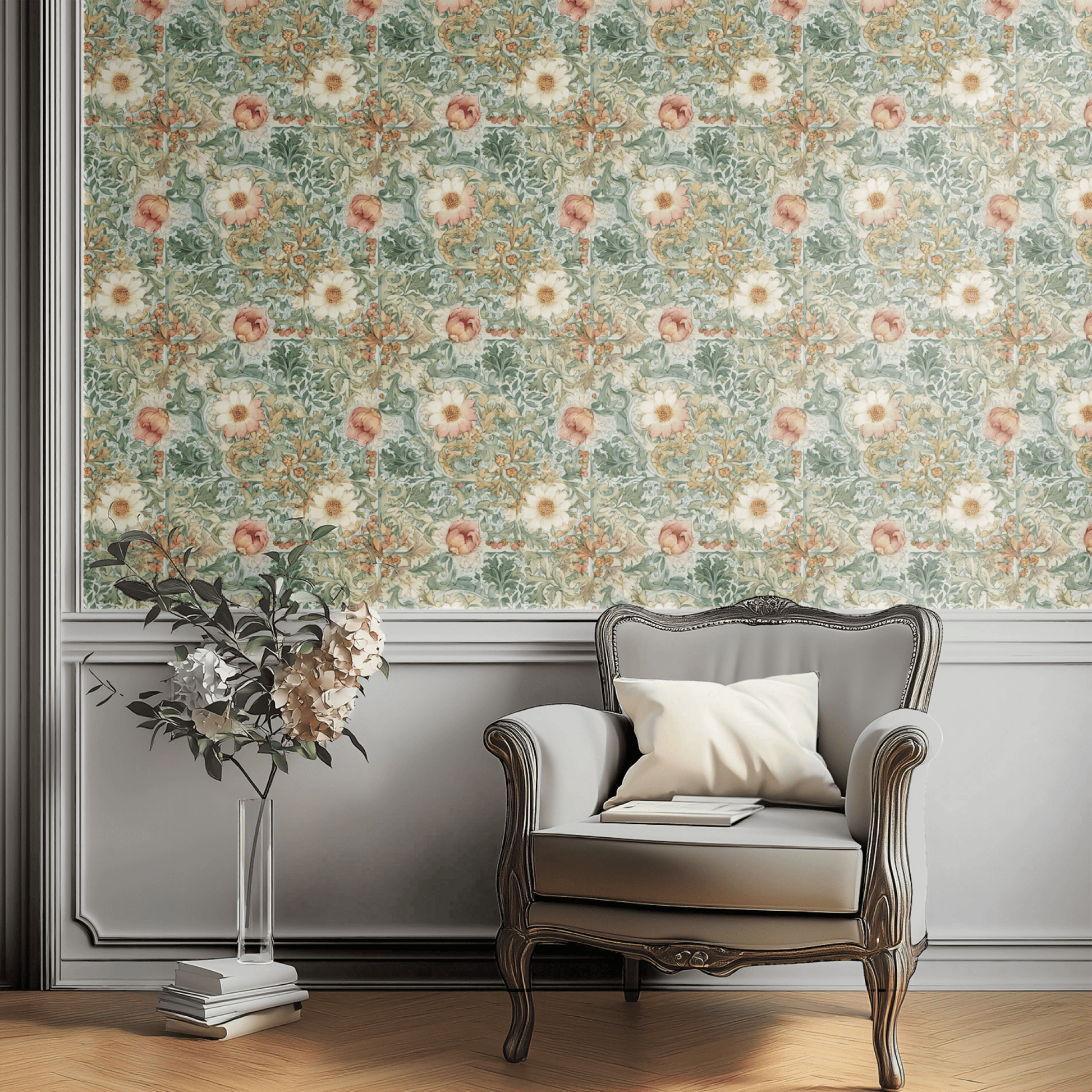Green Floral Wallpaper shown in a second interior with the indigo clover reading as traditional country-house botanical decoration