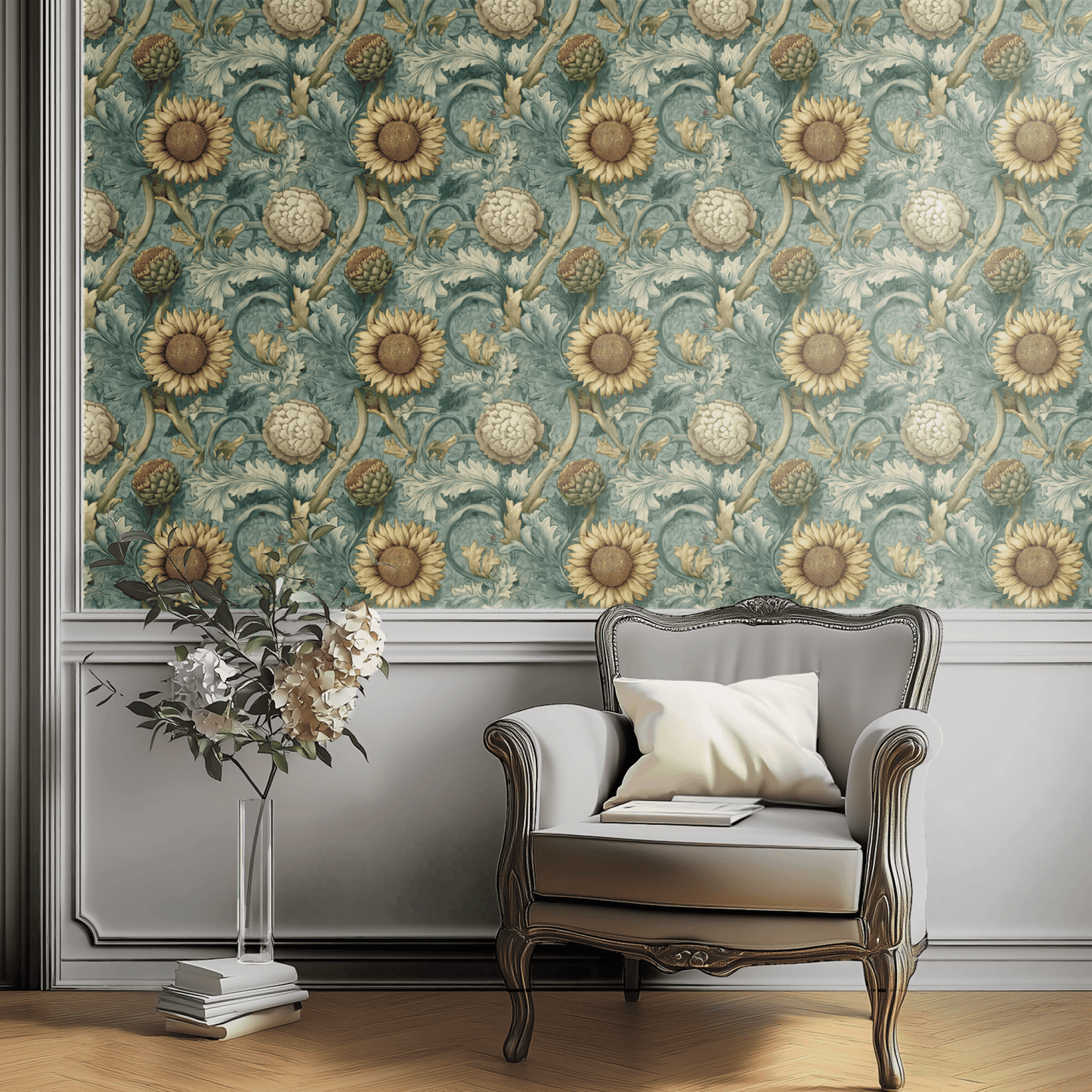 Green Floral Wallpaper shown in a second interior with the moody grove reading as atmospheric library-style decoration