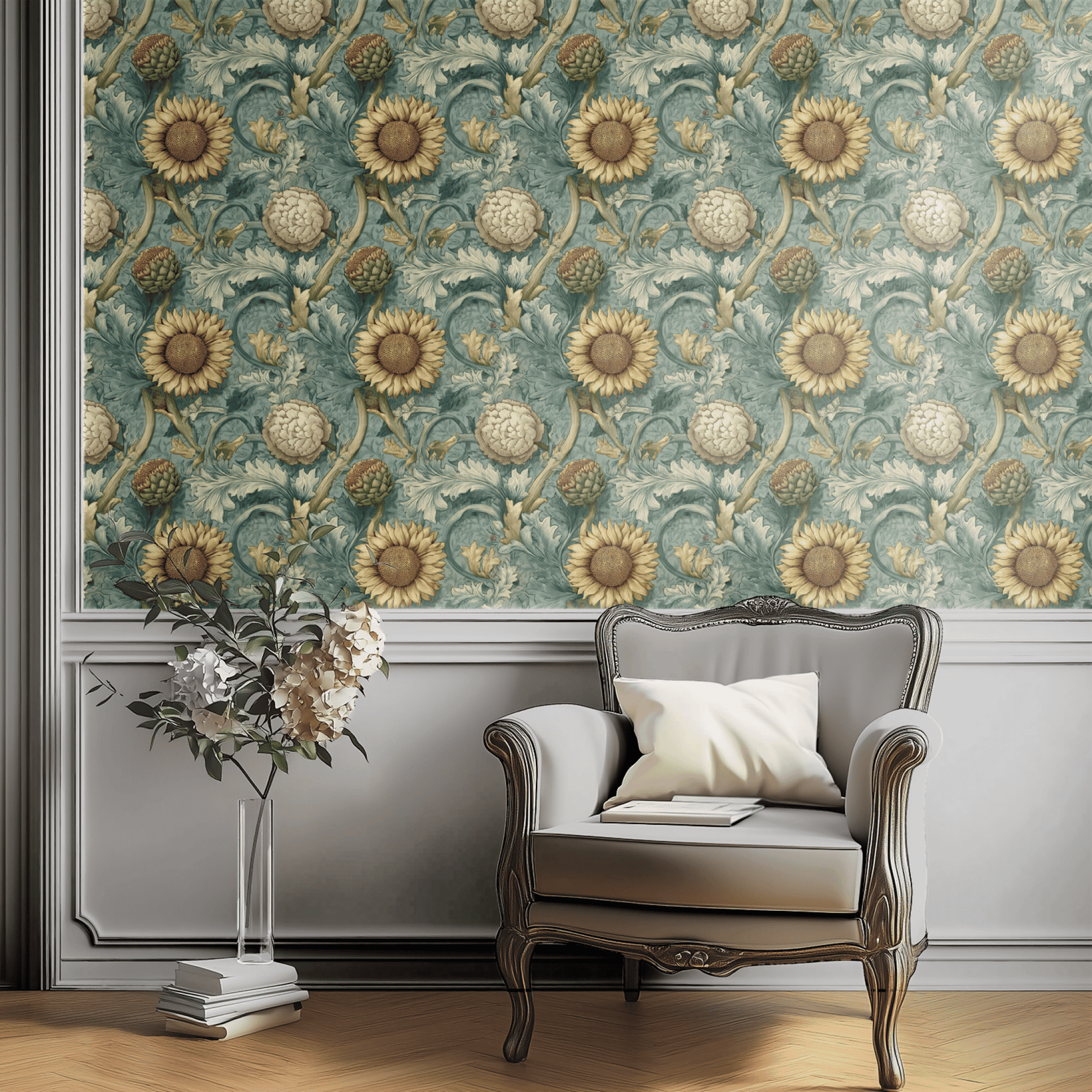 Green Floral Wallpaper shown in a second interior with the moody grove reading as atmospheric library-style decoration