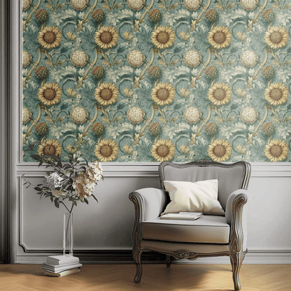 Green Floral Wallpaper shown in a second interior with the moody grove reading as atmospheric library-style decoration