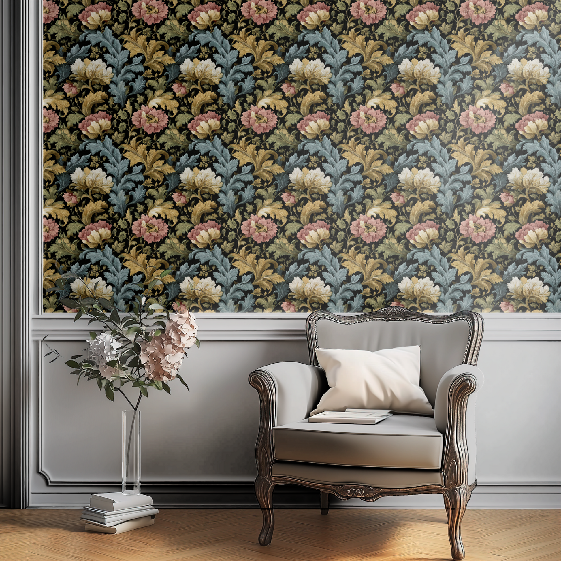 Black Floral Wallpaper shown in a second room with the gilded acanthus reading as classical theatrical evening-room decoration