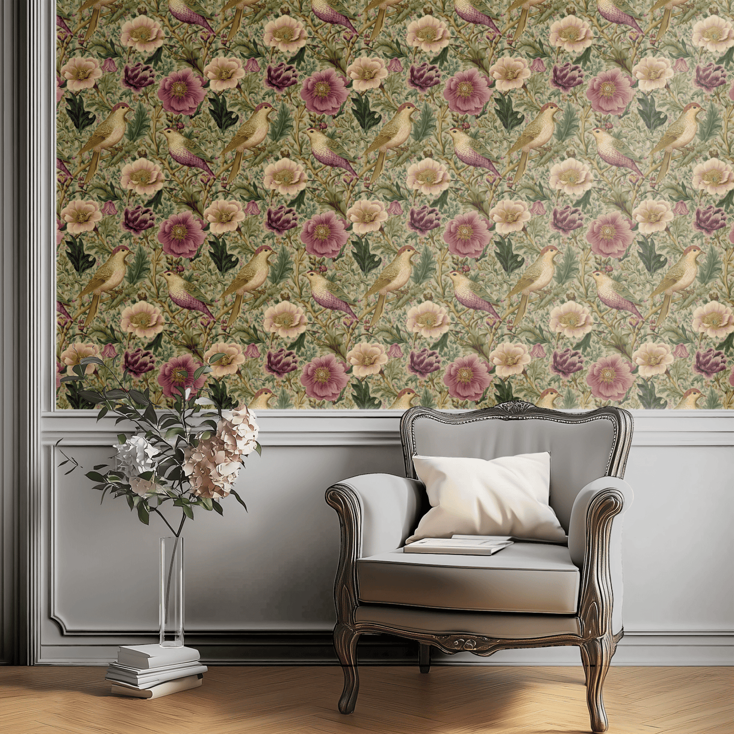 Green Floral Wallpaper shown in a second room with the russet poppy reading as warmly natural woodland decoration
