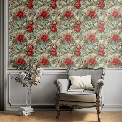 Green Floral Wallpaper shown in a second interior with the burgundy and green Arts and Crafts birds reading as traditional Victorian decoration