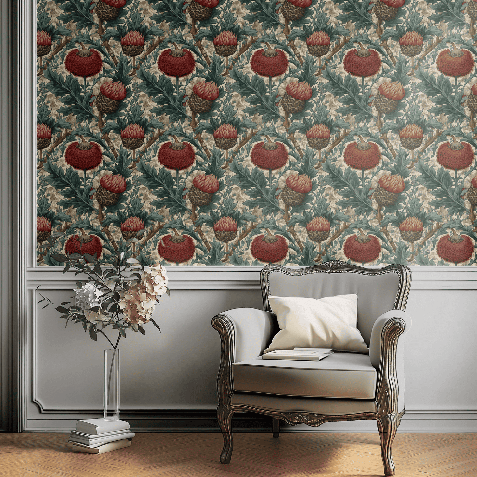 Celadon Lotus shown in a second room with the deep green lotus reading as East-Asian-influenced traditional decoration