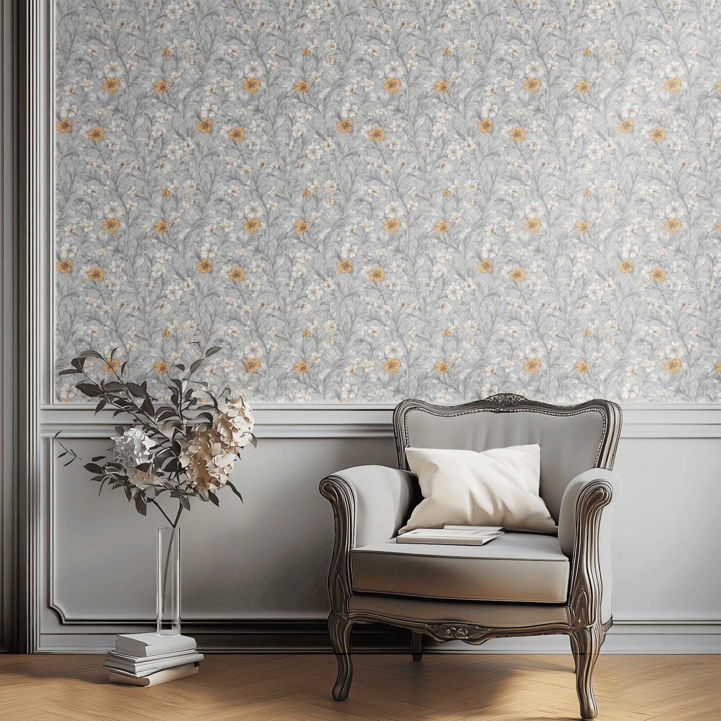 Green Floral Wallpaper shown in a second room with the dark willow reading as atmospheric Arts and Crafts decoration