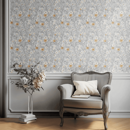 Green Floral Wallpaper shown in a second room with the dark willow reading as atmospheric Arts and Crafts decoration