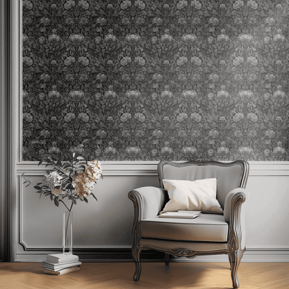 Grey Floral Wallpaper shown in a second interior with the moody anemones reading as quietly atmospheric decoration