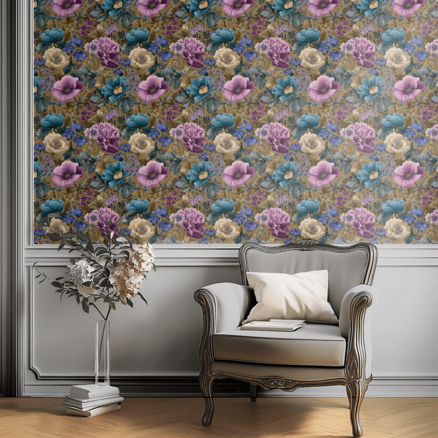 Green Floral Wallpaper installed on a room wall with Arts and Crafts opulent anemone florals in green Victorian palette