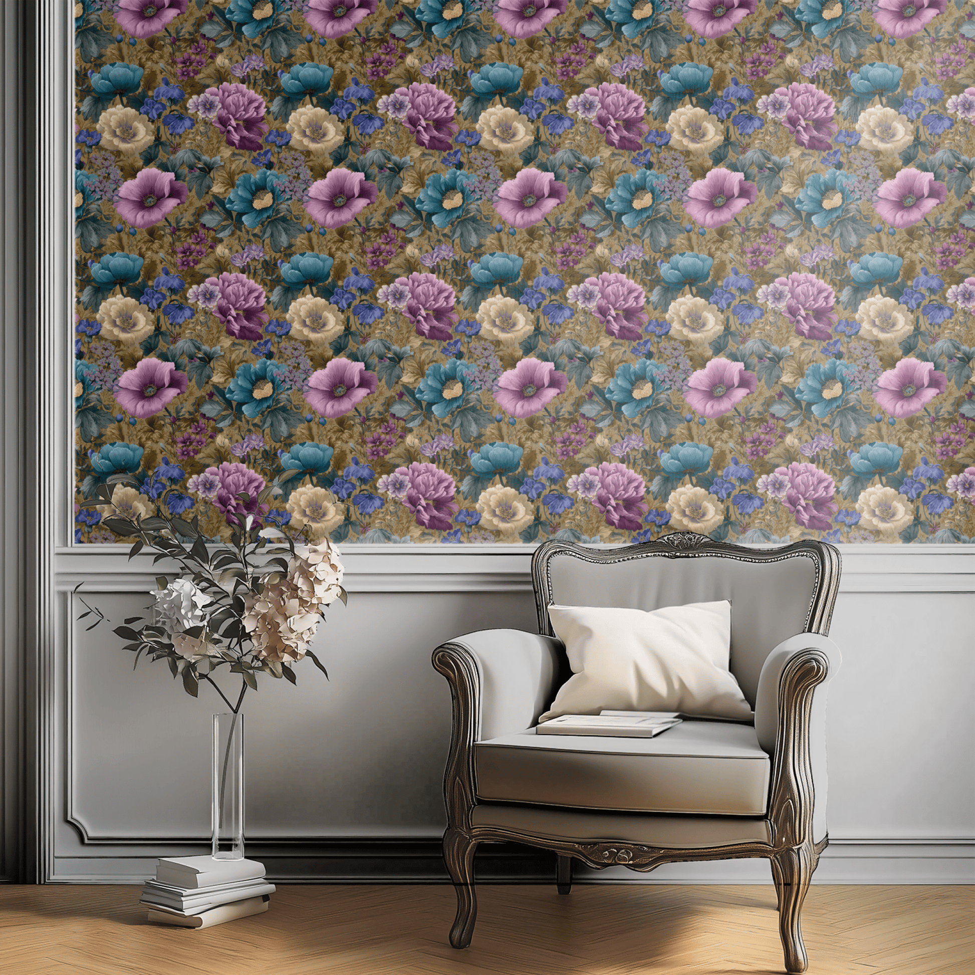 Green Floral Wallpaper installed on a room wall with Arts and Crafts opulent anemone florals in green Victorian palette