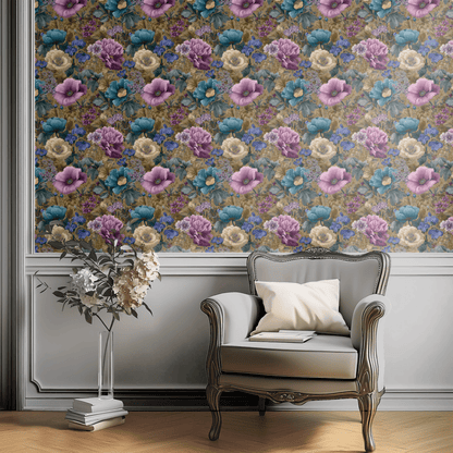 Green Floral Wallpaper installed on a room wall with Arts and Crafts opulent anemone florals in green Victorian palette