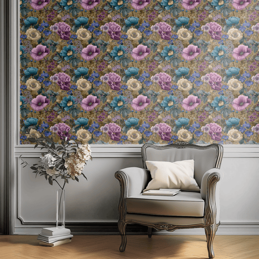 Green Floral Wallpaper installed on a room wall with Arts and Crafts opulent anemone florals in green Victorian palette