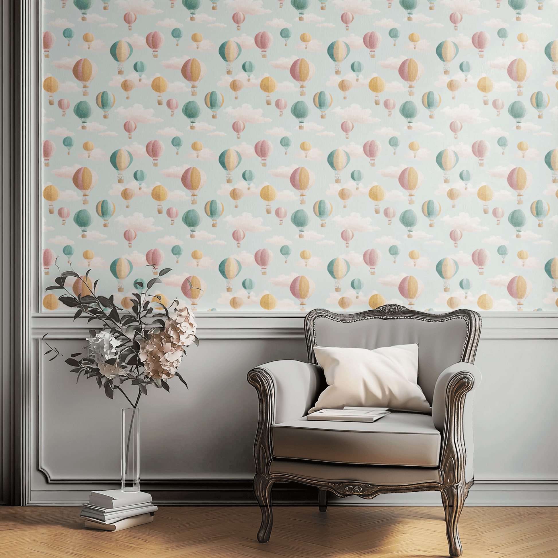 Blue Abstract Wallpaper shown in a second interior with the balloons-and-clouds giving the wall a playful child-friendly atmosphere