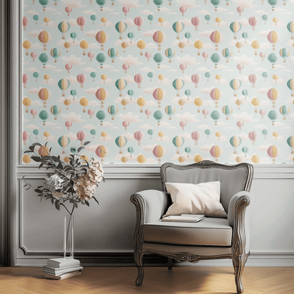 Blue Abstract Wallpaper shown in a second interior with the balloons-and-clouds giving the wall a playful child-friendly atmosphere