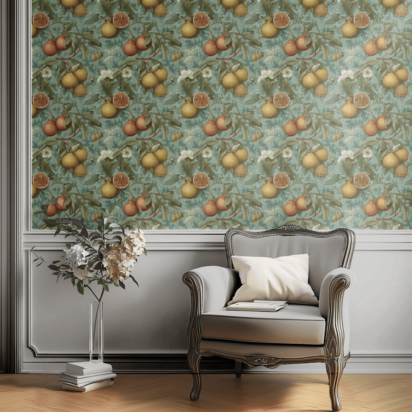 Green Botanical Wallpaper shown in a second interior with the mottled citrus reading as warmly textured kitchen decoration