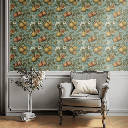 Green Botanical Wallpaper shown in a second interior with the mottled citrus reading as warmly textured kitchen decoration