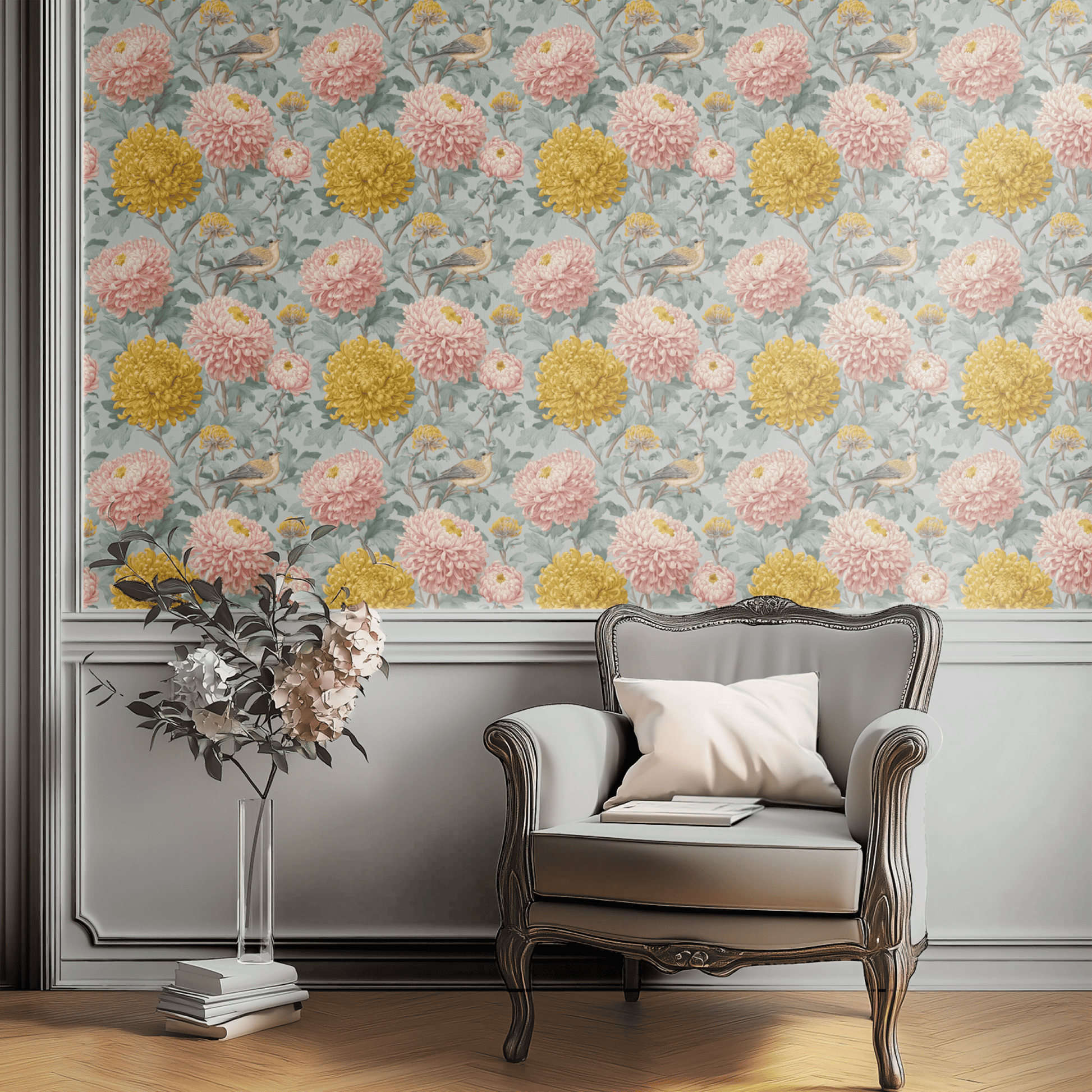 Green Floral Wallpaper installed in a room interior with Arts and Crafts birds and rosaline florals in green Victorian palette