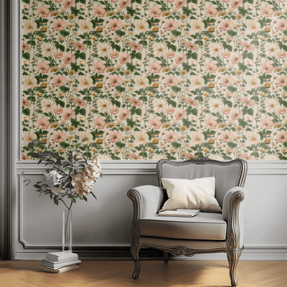 Cream Floral Wallpaper shown in a second interior with the painted florals reading as gently soft-painterly cottage decoration