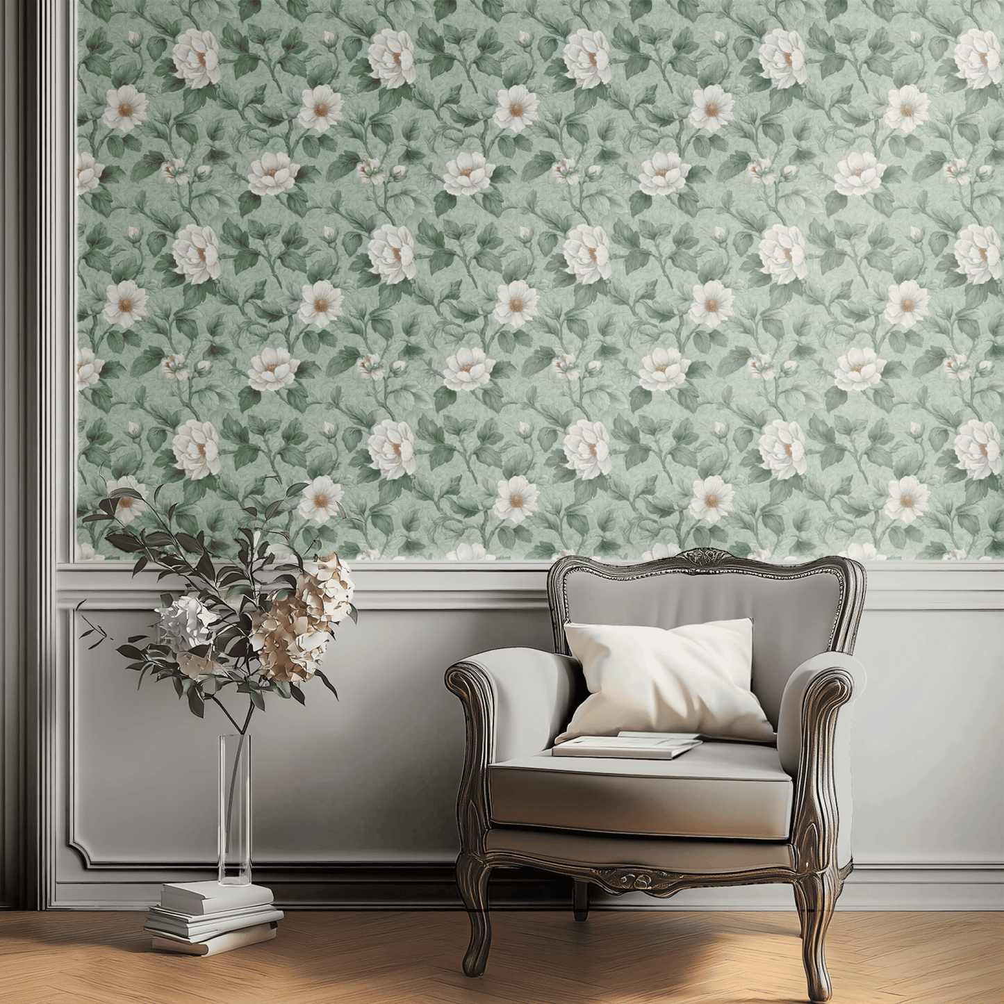 Green Floral Wallpaper shown in a second room with the etched peonies reading as natural-history botanical decoration