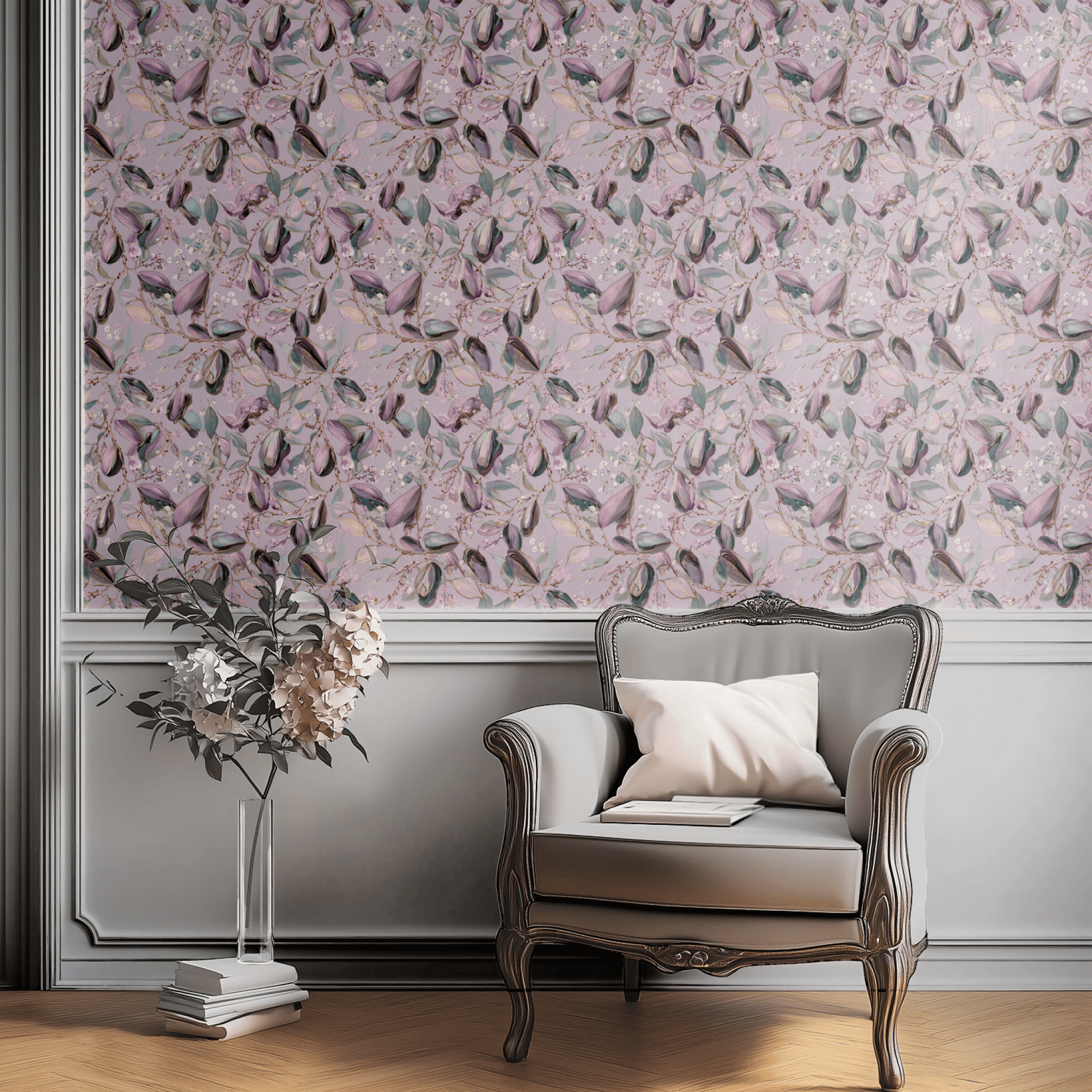 Pink Floral Wallpaper shown in a second interior with the iridescent pods reading as softly contemporary botanical decoration