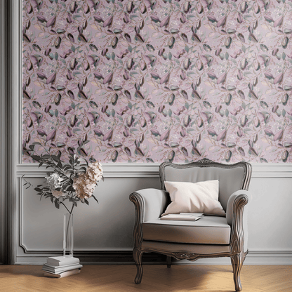 Pink Floral Wallpaper shown in a second interior with the iridescent pods reading as softly contemporary botanical decoration