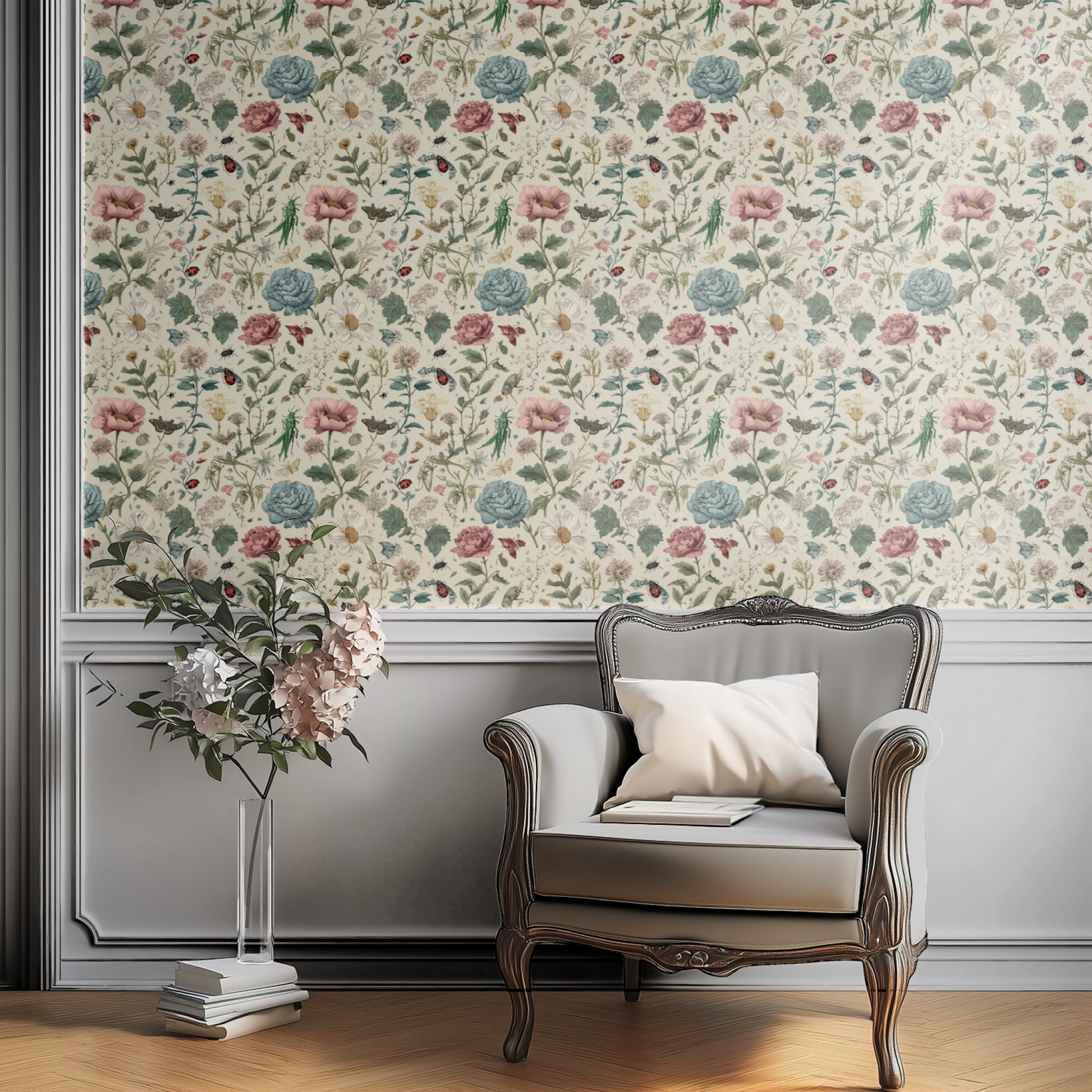 Cream Floral Wallpaper shown in a second room with the natural-history insect content giving the wall a botanical-study character
