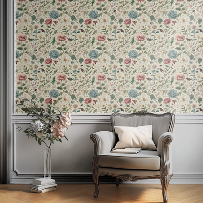 Cream Floral Wallpaper shown in a second room with the natural-history insect content giving the wall a botanical-study character
