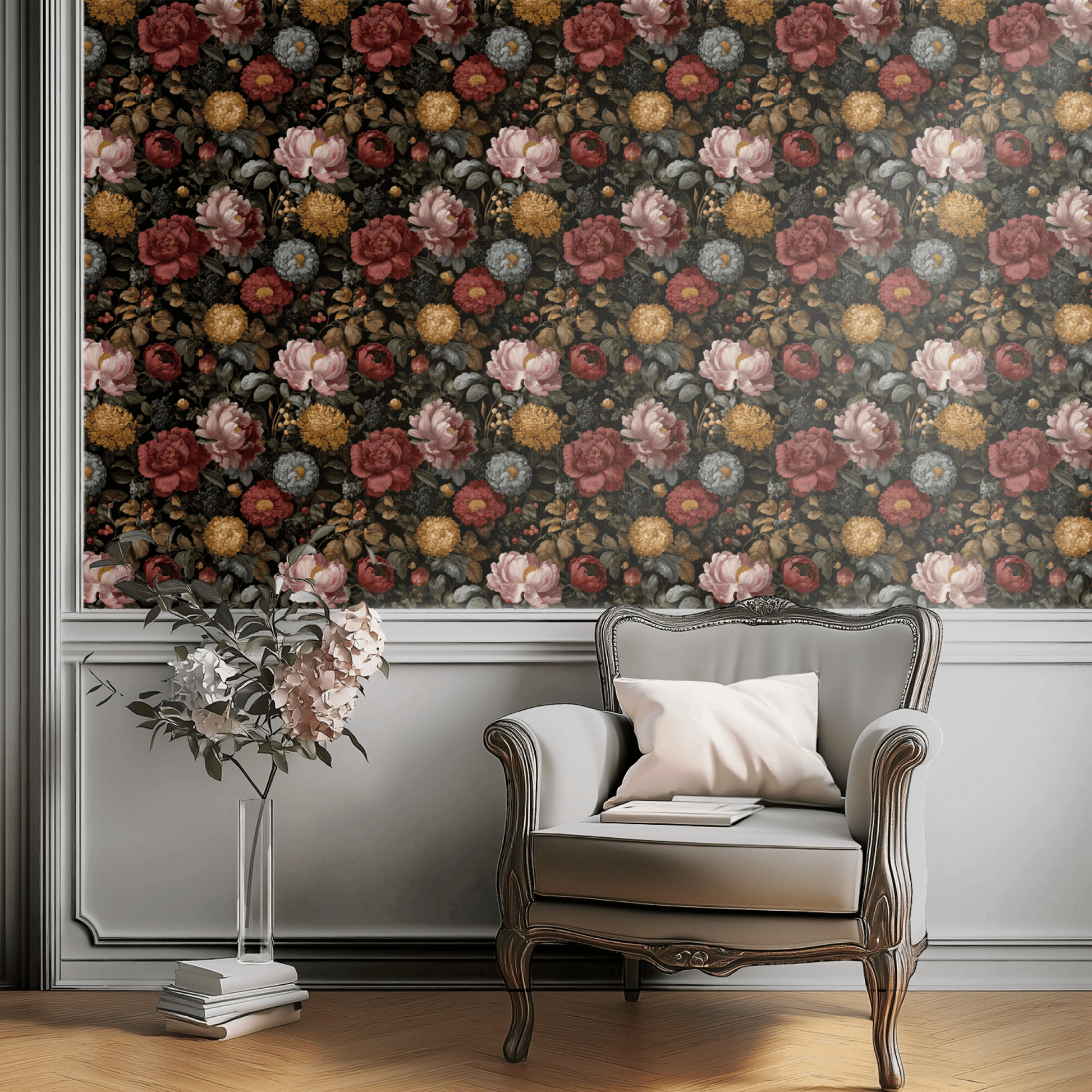 Black Floral Wallpaper shown in a second room with the gothic florals reading as theatrically atmospheric Victorian decoration